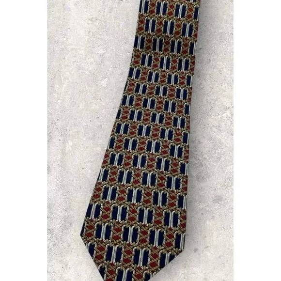 CELINE Silk Tie SPAIN Navy Burgundy Beige Geometric W:3.7 EUC